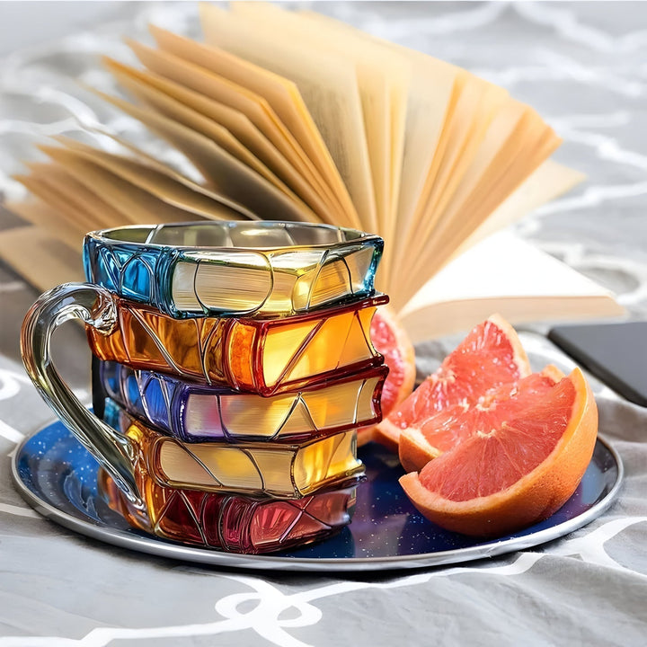 Origineller Kaffeebecher für Leseratten: Bunte, handgefertigte Harztasse mit detailreichem 3D Buch Design.