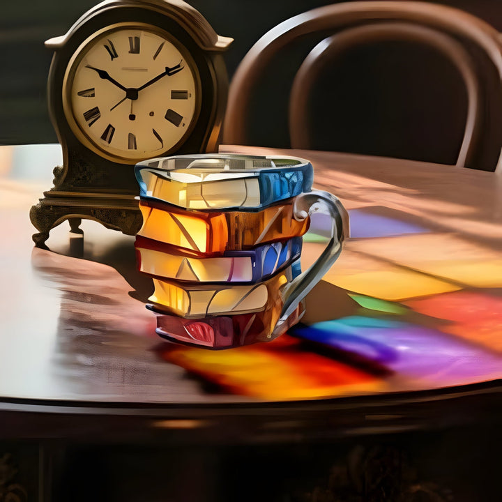 Unikat Kaffeebecher im 3D Buch Design. Diese handgemachte Harztasse ist bunt, einzigartig und ideal für Lesefreunde.