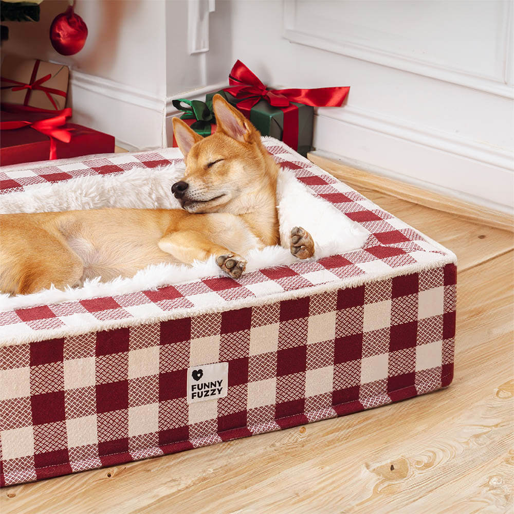 Gemütliches Plüsch-Kuschelbett für Hunde im Karomuster. Ideal für den Winter, superweich.
