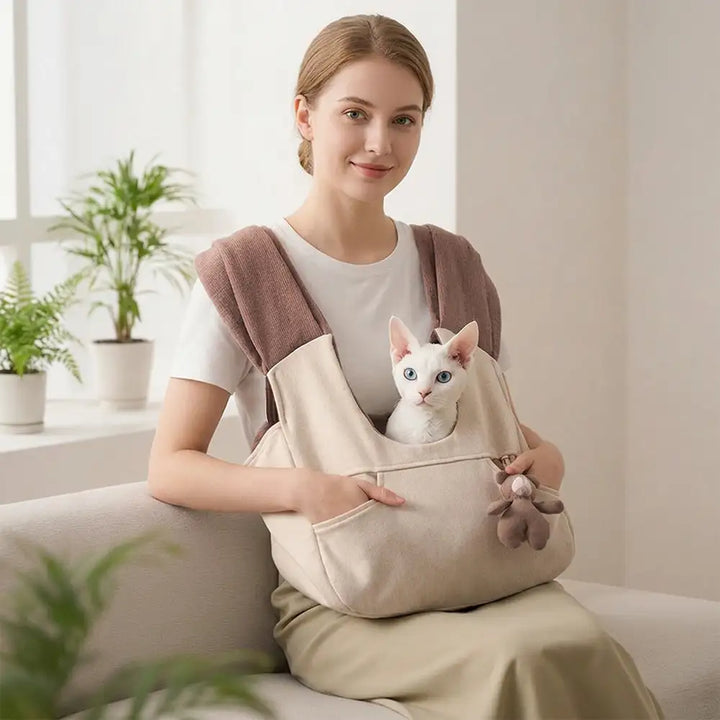 Glückliche Katze im Tragegurt genießt Aussicht beim Spaziergang mit Besitzer.