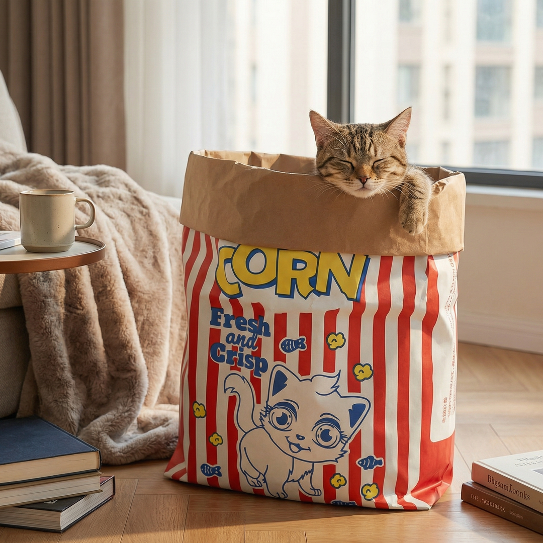 Katze spielt in gemütlicher Popcorn Tüte aus Karton, einem Versteck und Spielhaus für Spaß und Schlaf.