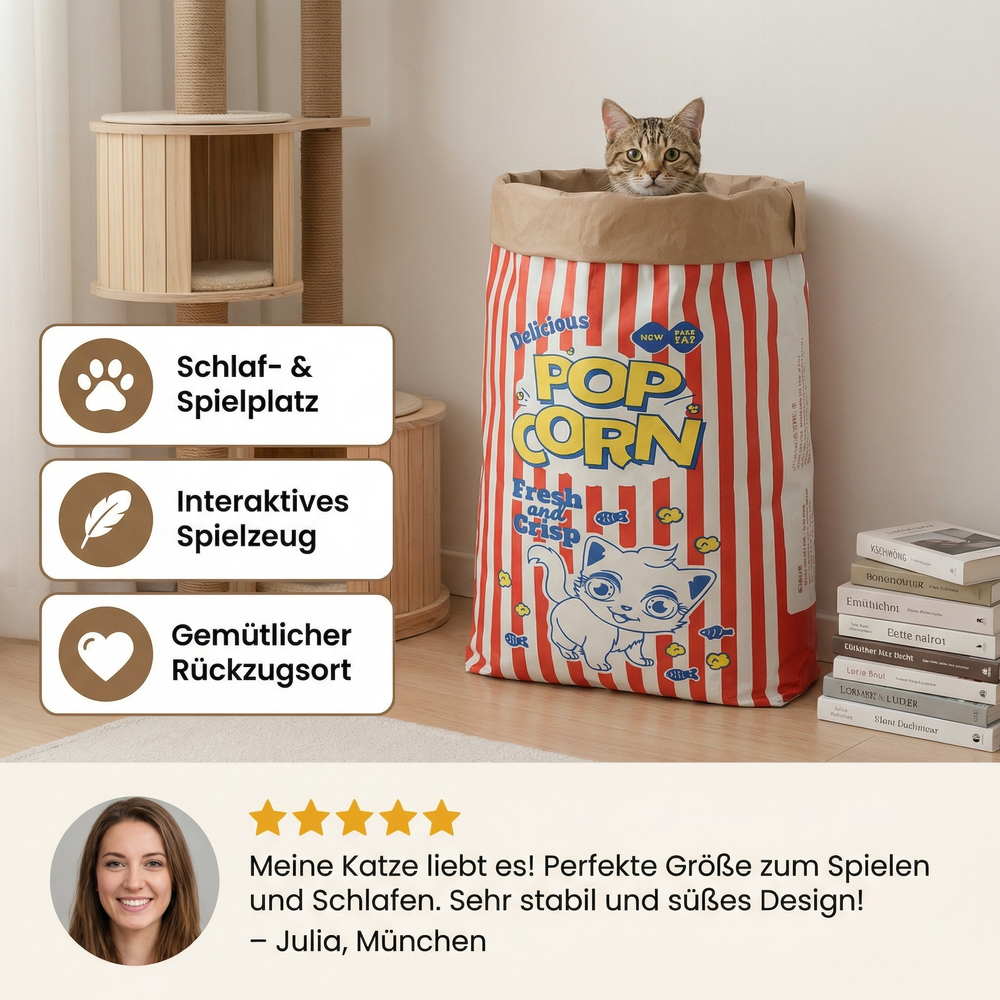 Lustiges Katzenspielzeug: Popcorn Tüten Katzenbett aus Karton, ideal als Schlafplatz & Spielhaus.