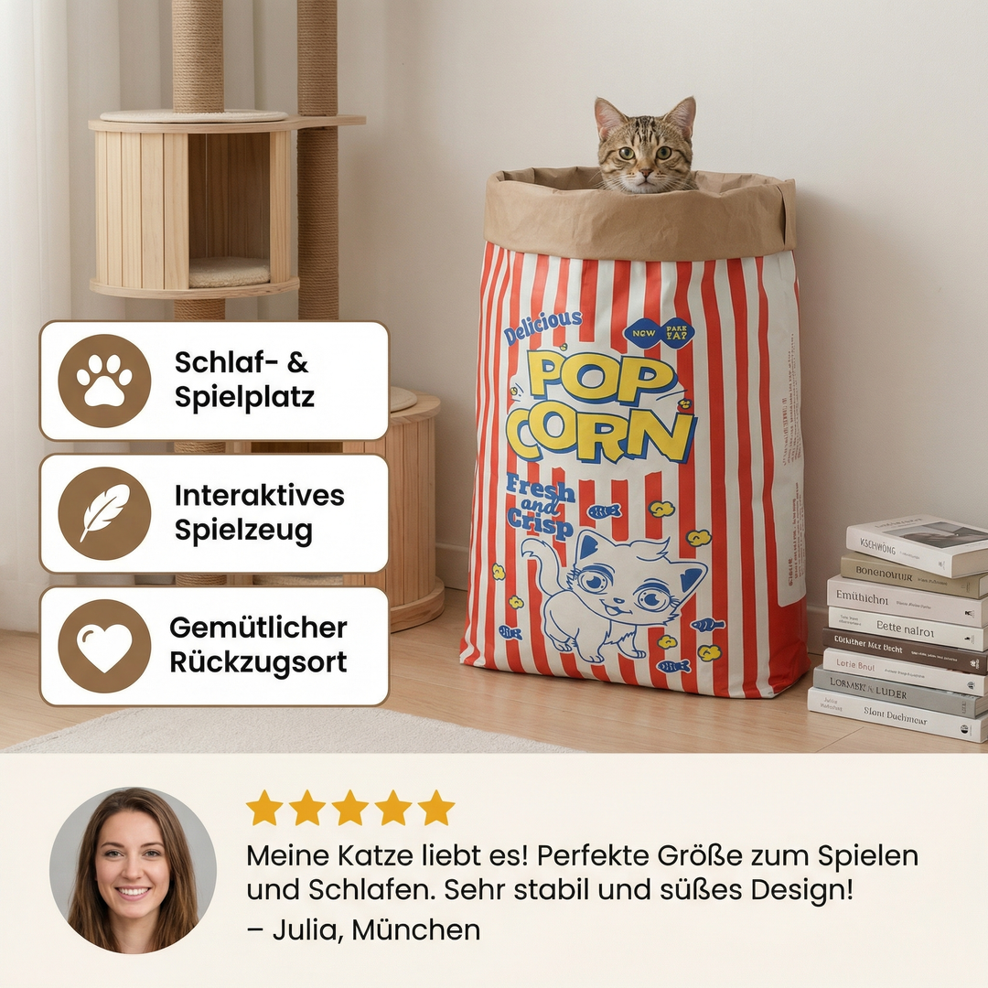Lustiges Katzenspielzeug: Popcorn Tüten Katzenbett aus Karton, ideal als Schlafplatz & Spielhaus.