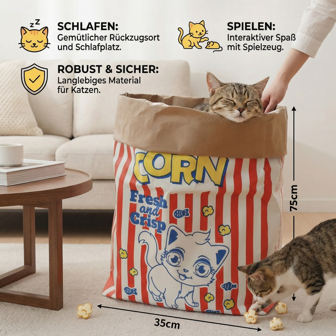 Süße Katze ruht und spielt in innovativer Popcorn Tüte, ein stabiles Versteck und Spielplatz für Haustiere.