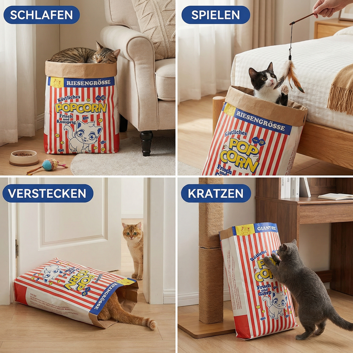 Detailansicht der Katzen Popcorn Tüte, ein einzigartiges Katzenspielzeug und gemütliches Katzenbett aus Karton.