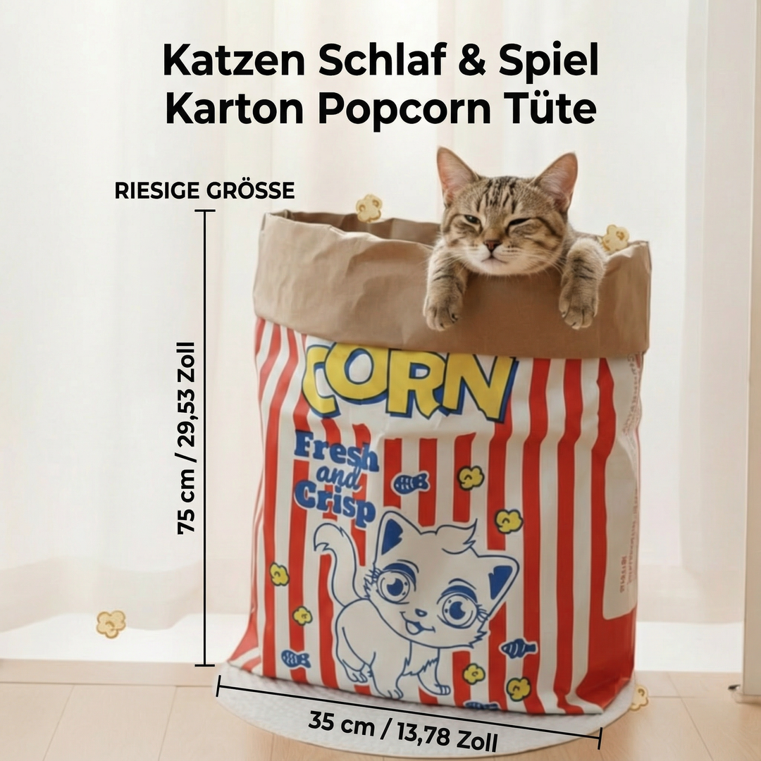 Glückliche Katze entdeckt ihre neue Popcorn Tüte, ein perfektes Versteck und kuscheliger Schlafplatz für Katzen.