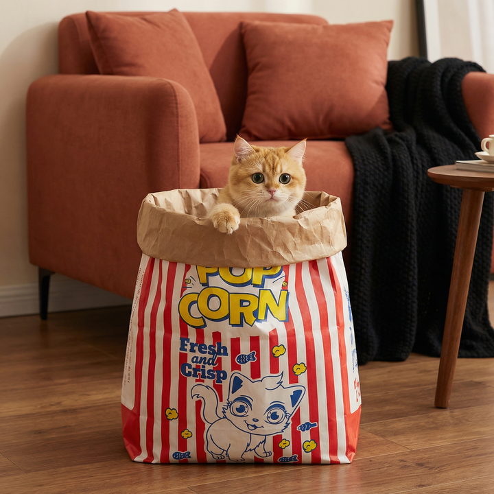 Katze versteckt sich gemütlich in der Popcorn-Tüte, ideal als Katzenhöhle und Spielkarton. Hochwertiges Katzenspielzeug.