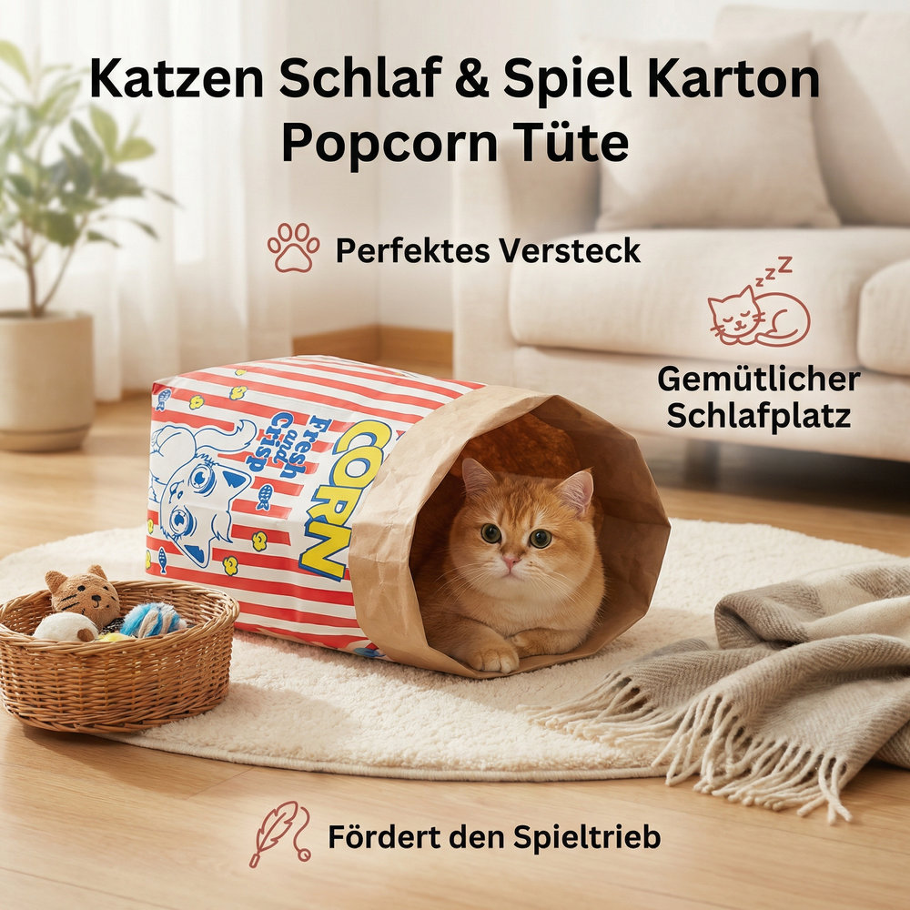 Detailansicht der einzigartigen Popcorn-Tüte als Katzenversteck mit Raschelpapier. Perfektes Katzenzubehör & Spielplatz.