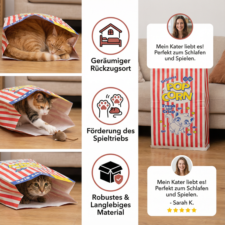 Schlafende Katze im gemütlichen Popcorn-Katzenbett aus Karton. Ideales Versteck und Schlafplatz für Haustiere.
