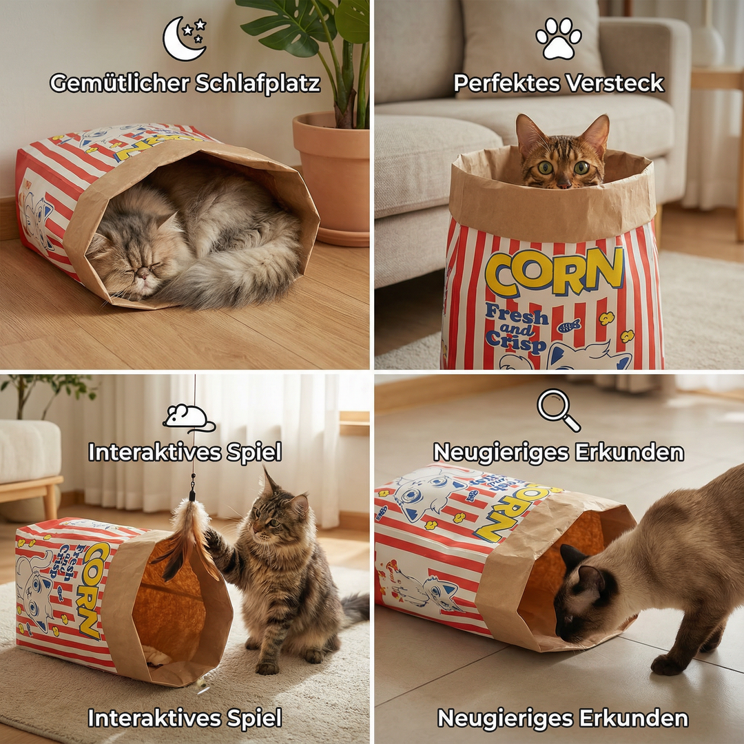 Verspielte Katze entdeckt Popcorn-Versteck mit Raschelpapier, eine lustige Katzenhöhle und spannendes Katzenspielzeug.