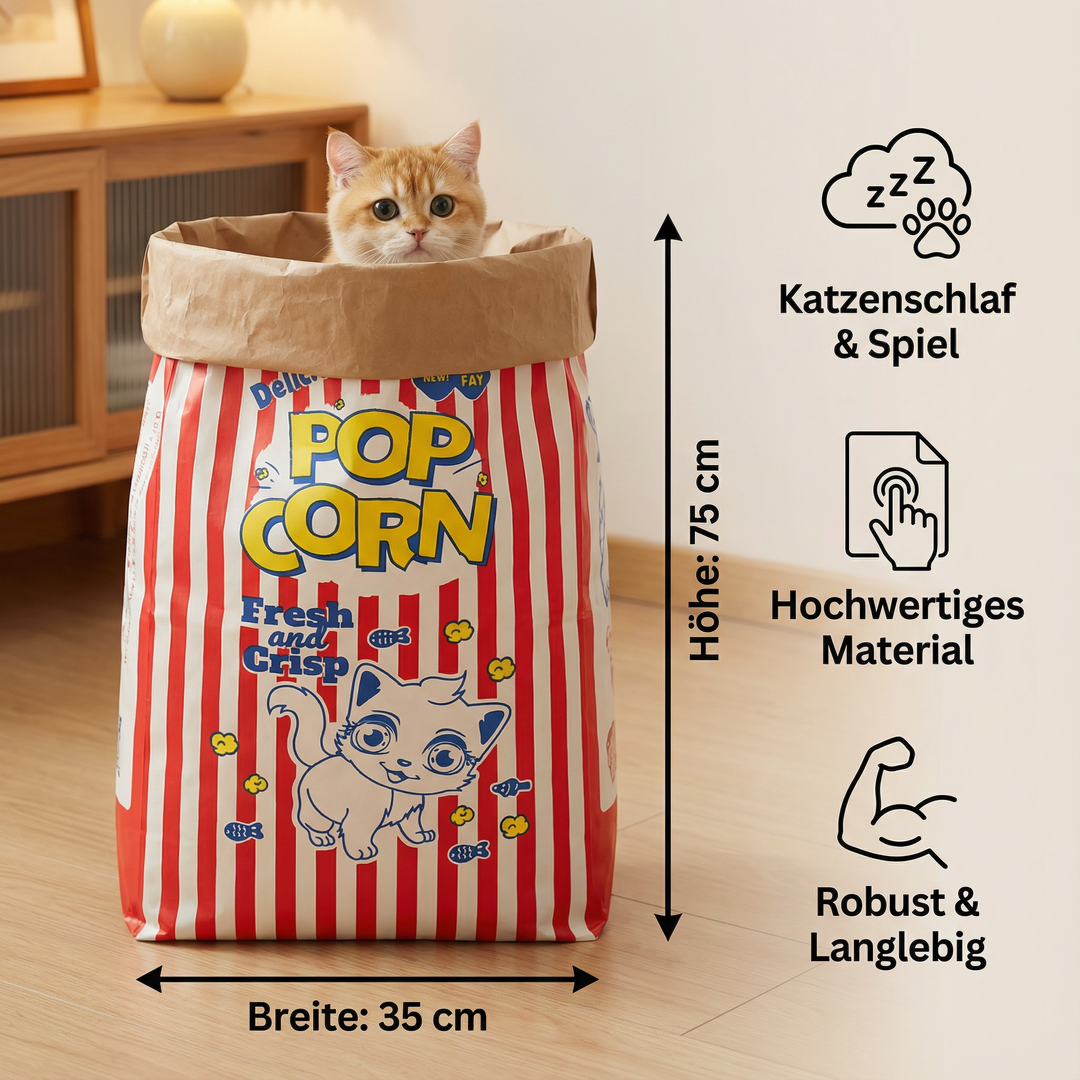 Stylische Popcorn-Tüte als Katzenhöhle und Katzenspielzeug aus Karton. Gemütliches Versteck & Schlafplatz für Katzen.