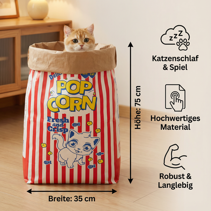 Stylische Popcorn-Tüte als Katzenhöhle und Katzenspielzeug aus Karton. Gemütliches Versteck & Schlafplatz für Katzen.