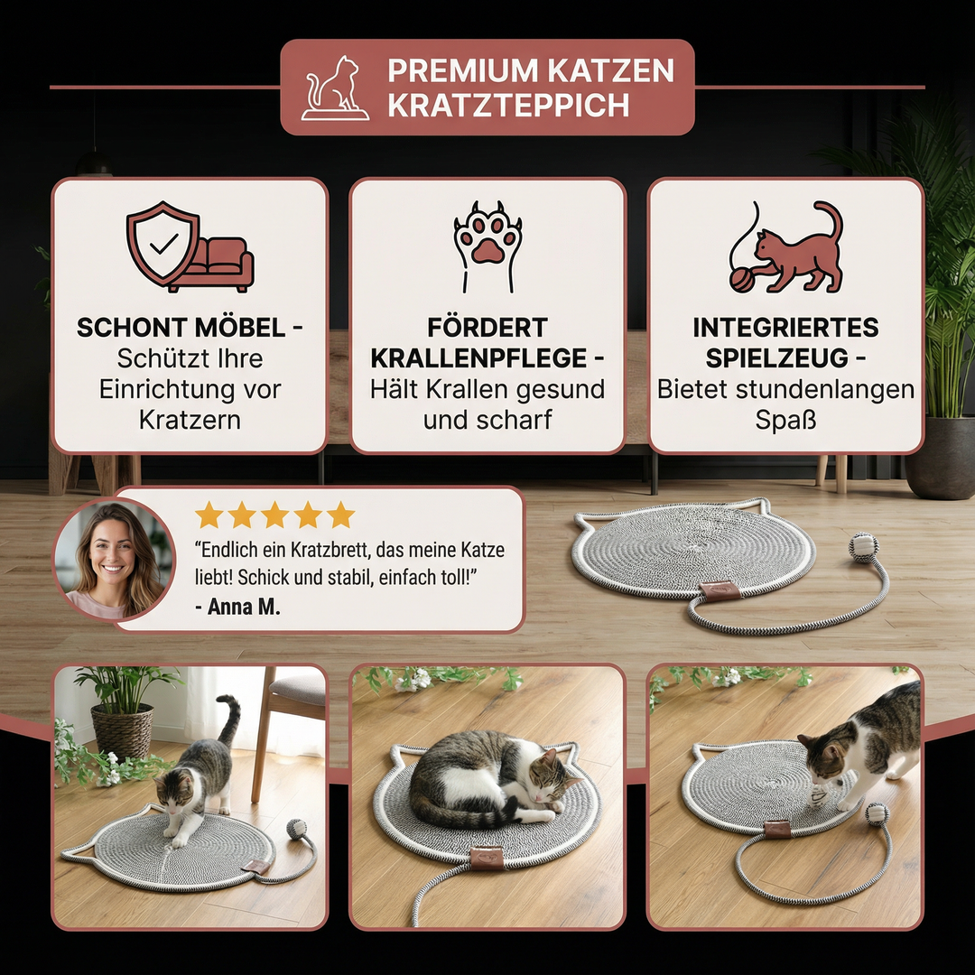 Kratzteppich schützt Möbel vor Katzenkrallen. Essentielles Katzenzubehör für jedes Haustier.