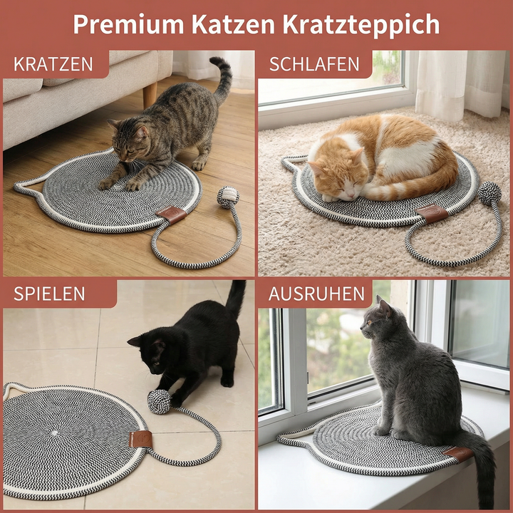 Eine Katze nutzt den Kratzteppich zur täglichen Krallenpflege. Ideal als Katzenspielzeug.