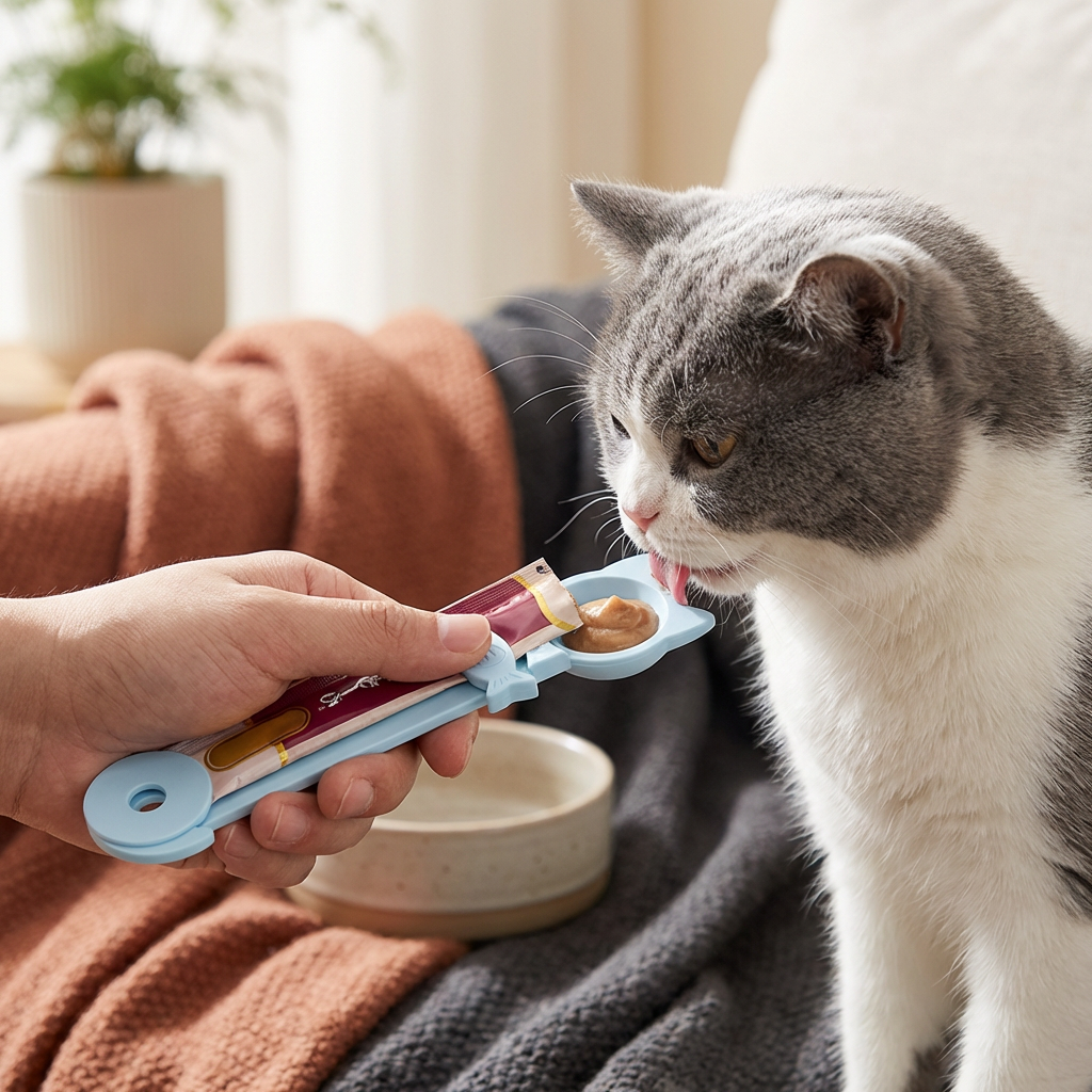 Katzen Leckerlöffel für saubere Nassfutter-Fütterung. Hygienischer Snackspender für Katzenfutter.