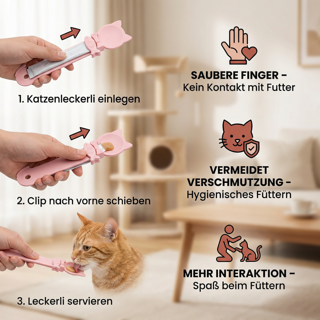 Katze leckt genüsslich Nassfutter vom praktischen Leckerlöffel. Einfacher Futterspender für Tiere.