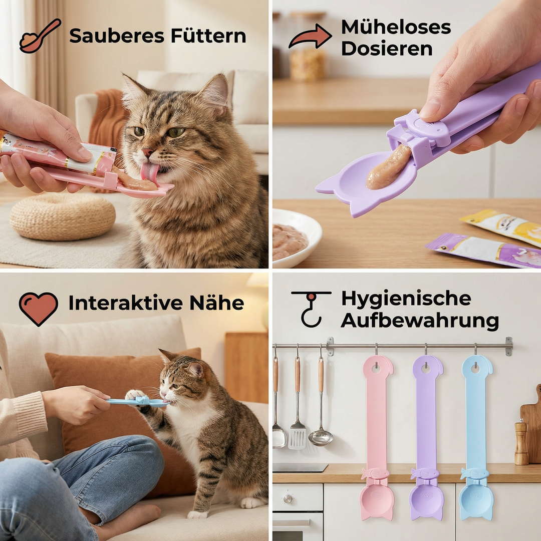 Kein Chaos mehr: Dieser Katzen Snackspender sorgt für saubere Fütterung von Nassfutter. Hygienischer Löffel.