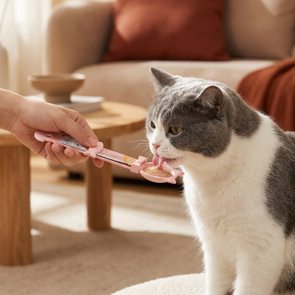 Einfache & hygienische Fütterung von Nassfutter mit dem Katzen Leckerlöffel. Praktischer Snackspender.