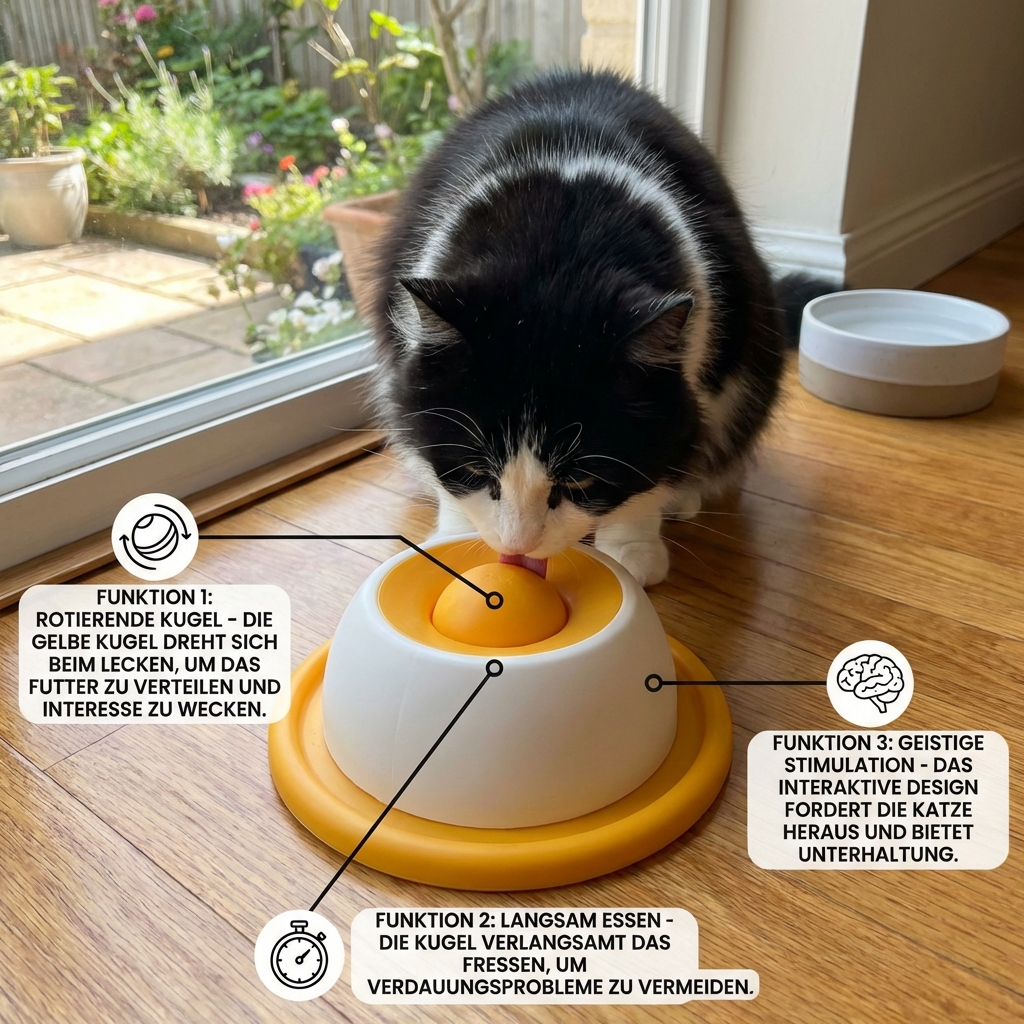 Interaktiver Slow Feeder Snackteller für Katzen. Verlangsamt Fressen, reduziert Langeweile bei Haustieren.