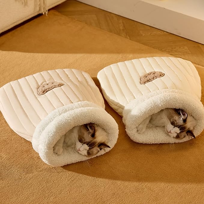 Luxuriöses Plüsch Katzenbett, kuscheliger Katzen Schlafsack als Haustierbett. Perfekte Geborgenheit.