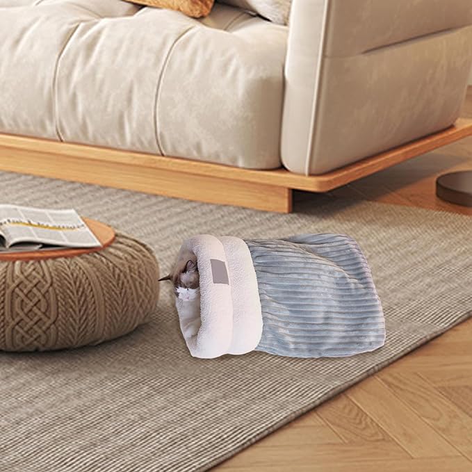 Modernes Katzen Schlafsack Design. Weiche Plüsch Kuschelhöhle für gemütliche Ruheplätze der Katze.