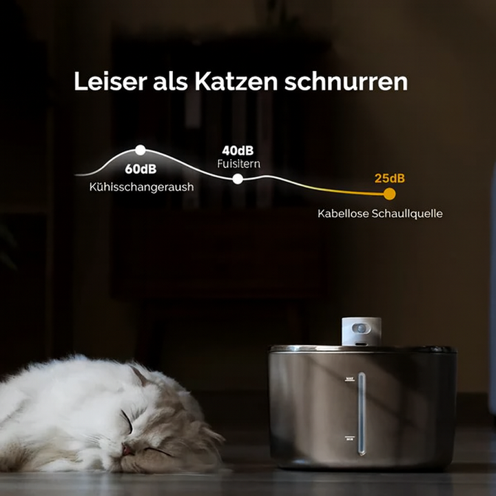 Katze trinkt aus 4l Edelstahl Trinkbrunnen; animiert zu gesunden Trinkgewohnheiten mit frischem Wasser.