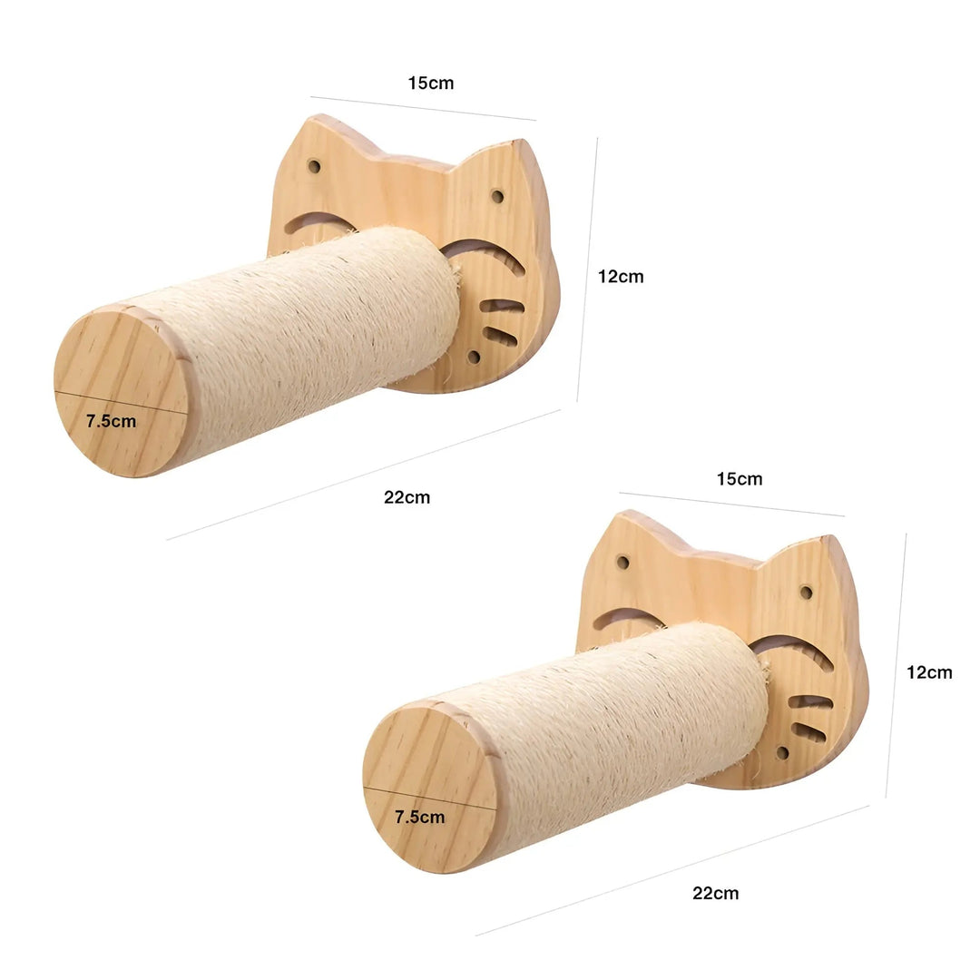 Katze klettert am ClimbPaws Wandkletterbrett, nutzt Sisalsäule & Hängematte als Spielplatz.