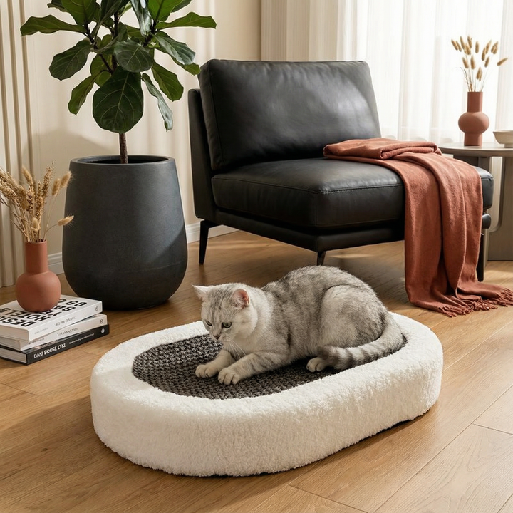 Katzenbett mit integrierter Kratzplatte, ideal als kuscheliger Schlafplatz & robustes Kratzmöbel für Katzen.