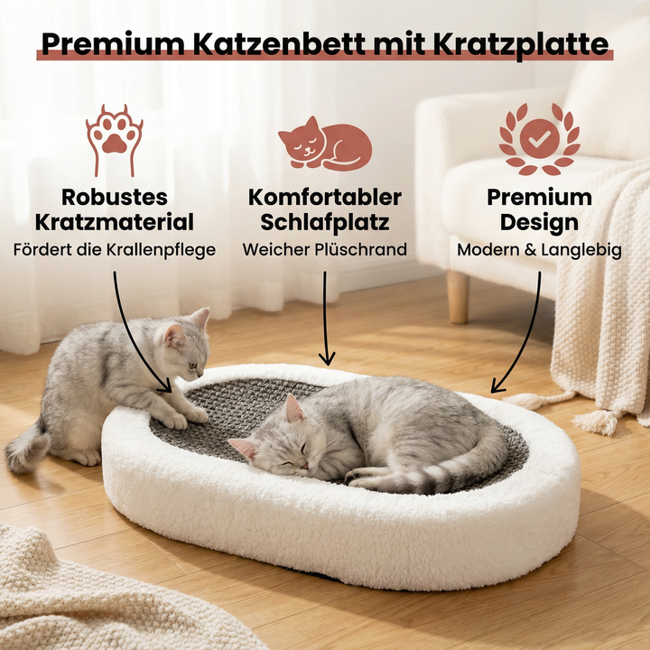 Gemütliches Katzenbett als kuscheliger Schlafplatz für Katzen, mit stabiler Kratzplatte für Krallenpflege und Spiel.