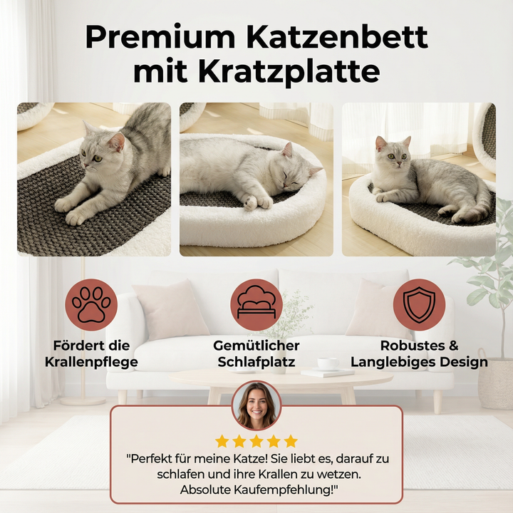 Robustes Katzenkratzmöbel mit bequemer Liegefläche. Perfekte Kratzplatte für Krallenpflege und unterhaltsames Katzenspielzeug.