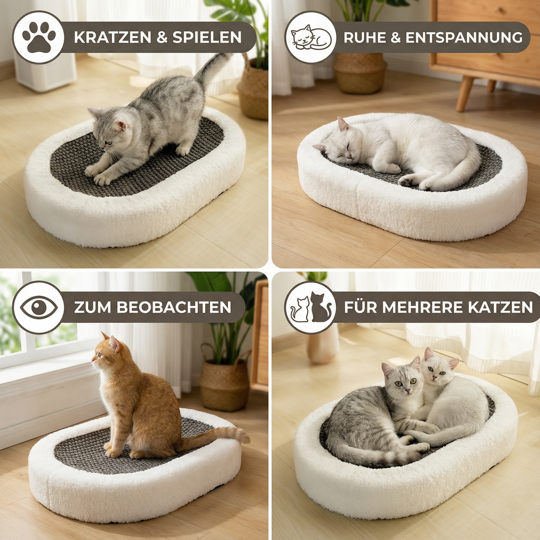 Multifunktionales Katzenmöbel: Weiches Katzenbett und langlebige Kratzplatte. Komfortabler Kuschelplatz & Kratzbaum in einem.