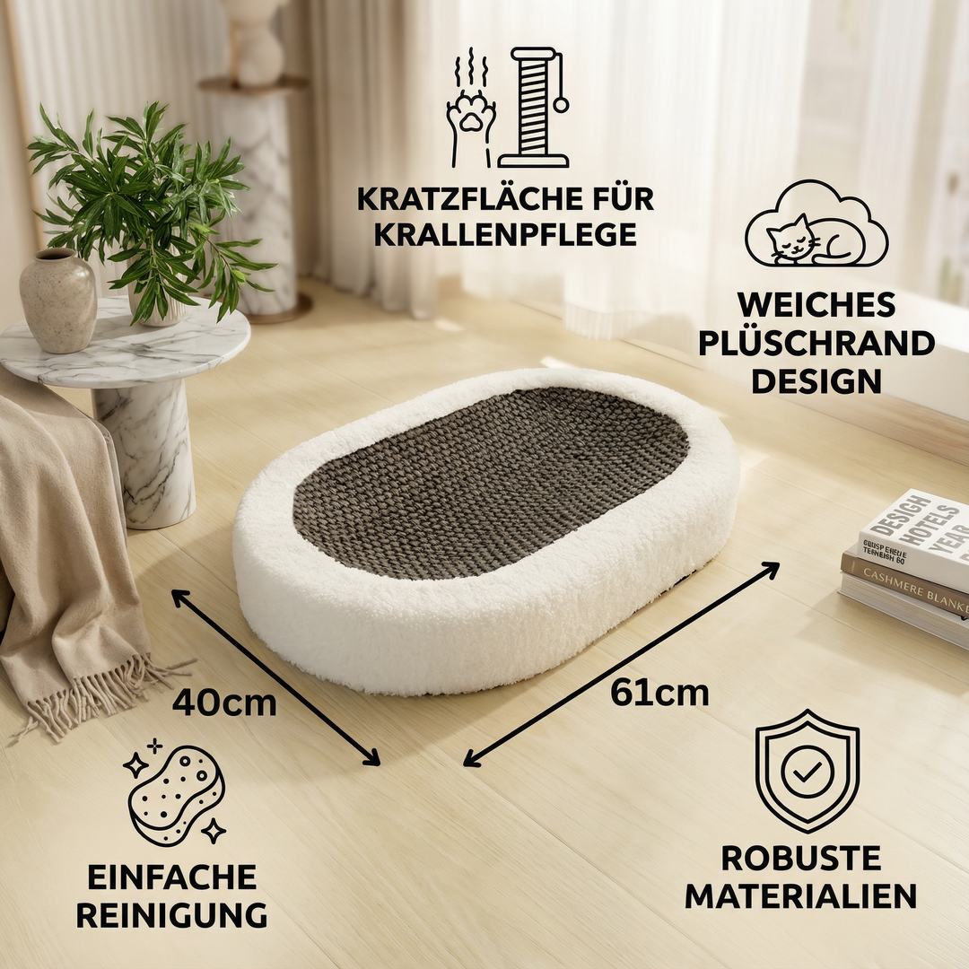 Modernes Katzenbett mit strapazierfähiger Kratzplatte. Bietet Katzen einen gemütlichen Kuschelplatz und optimale Krallenpflege.
