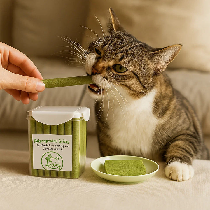Gesunde Katzengras Sticks als Leckerli. Unterstützen Verdauung, Zahngesundheit & sind reich an Vitaminen.