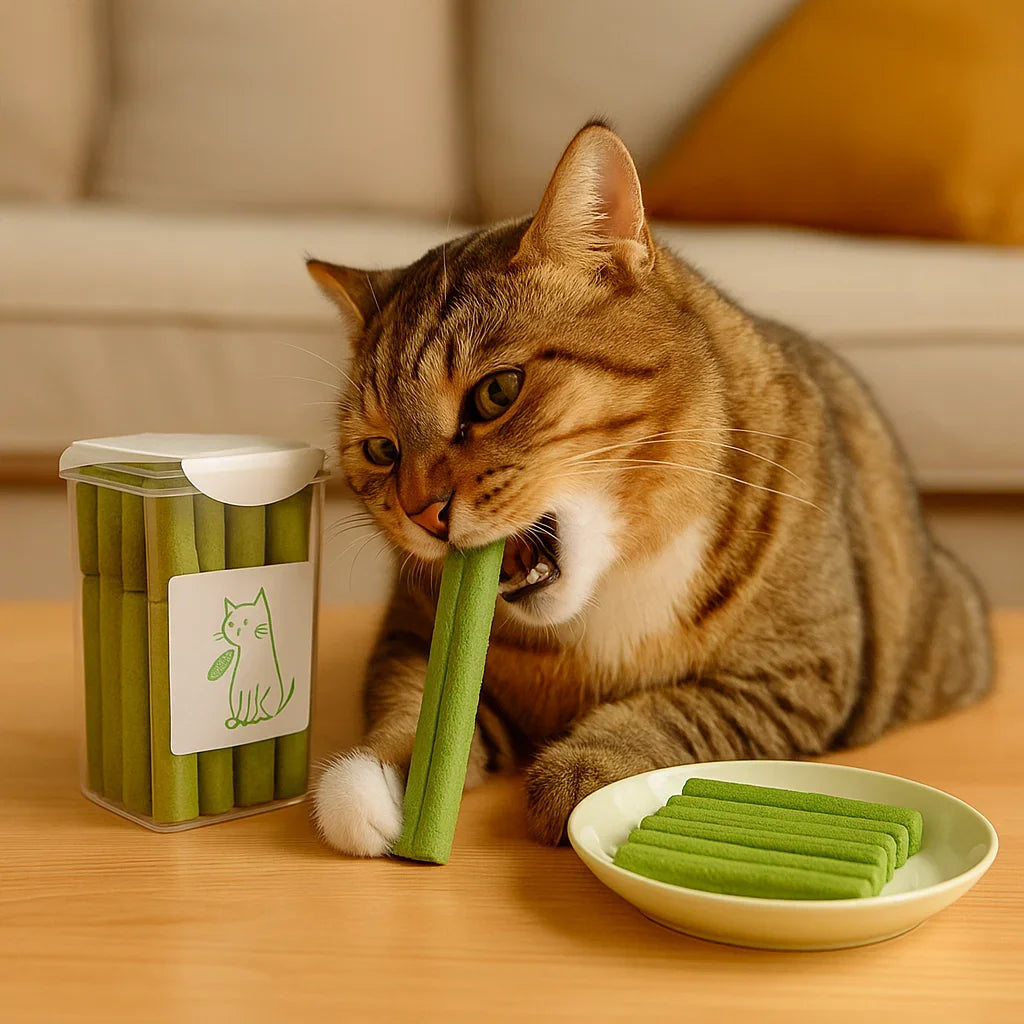 Natürliche Katzengras Sticks, ideal für Wohnungskatzen zur Haarballen-Reduzierung und Zahnpflege.