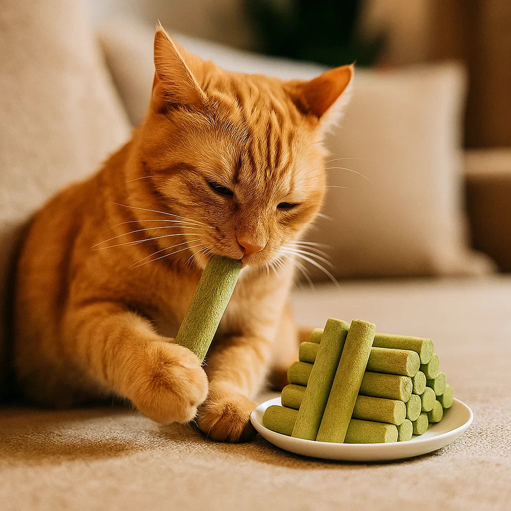 Verdauungsfördernde Katzengras Sticks für Katzen. Pflegen Zähne und liefern wichtige Mineralien.