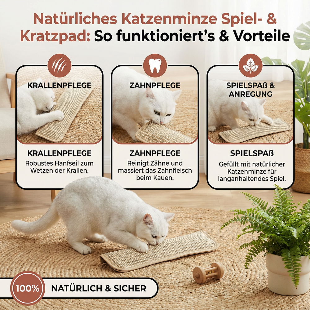 Katzen Spiel- & Kratzpad aus robustem Hanfseil mit Katzenminze. Fördert Krallen- & Zahnpflege durch natürliches Kauen.