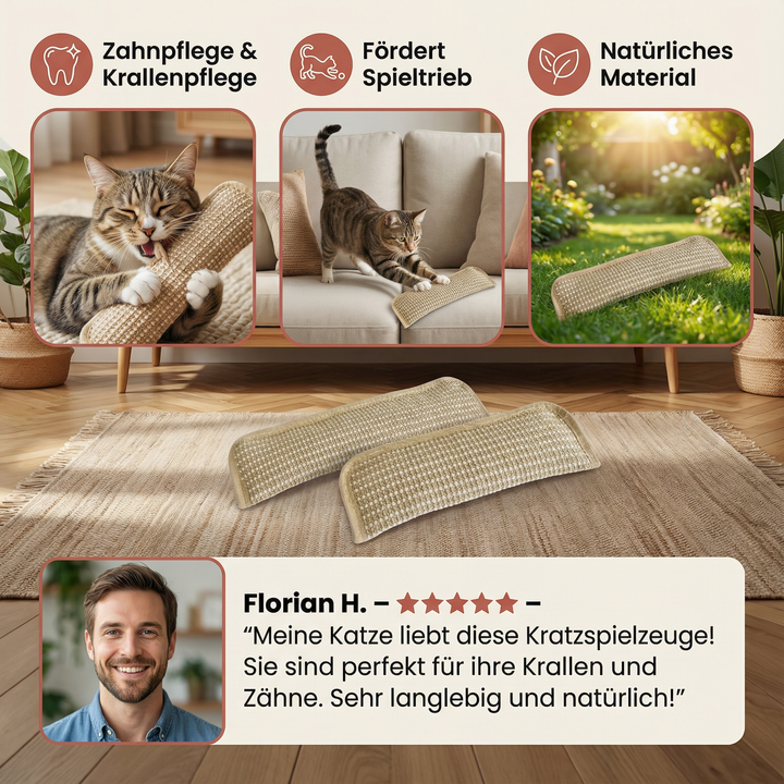 Nachhaltiges Katzenminze Spielzeug: Kratzpad aus Hanfseil. Für gesunde Krallen, Zähne & stundenlangen Spielspaß.
