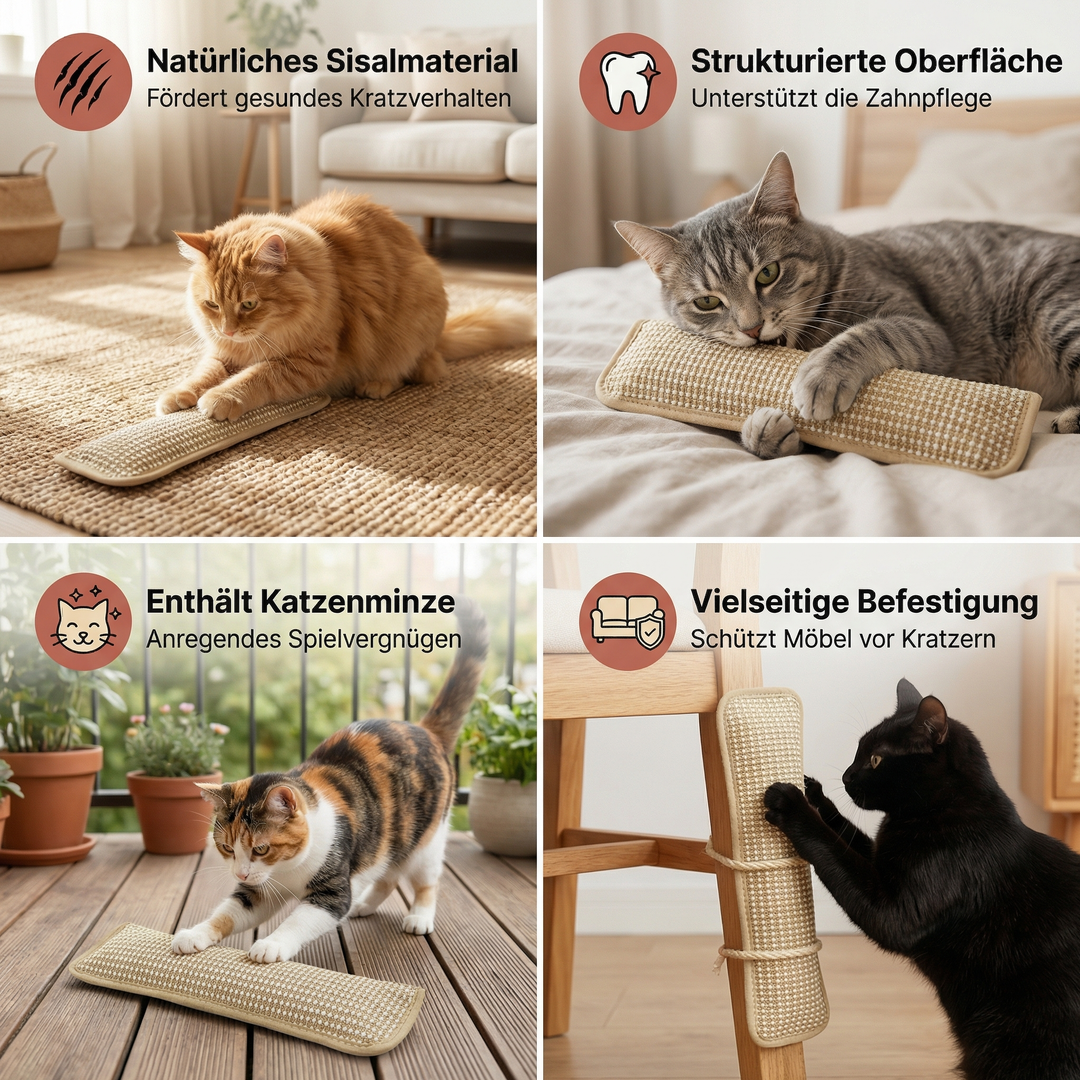 Katze spielt mit Kratzpad aus Hanfseil, angereichert mit Katzenminze. Unterstützt Krallenwetzen & Zahnreinigung.