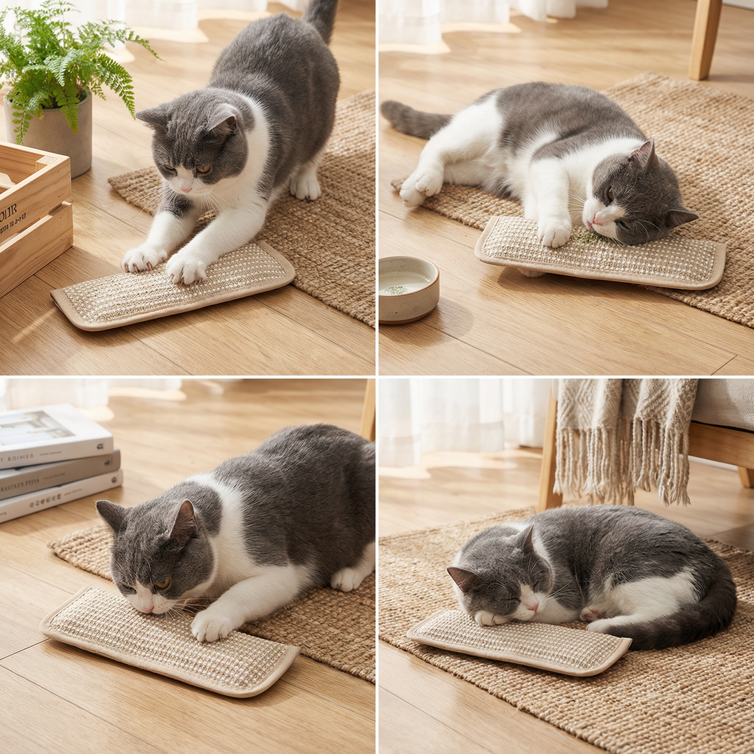 Nachhaltiges Katzenminze Kratzpad aus Hanfseil, fördert gesunde Zähne und Krallen auf natürliche Weise.
