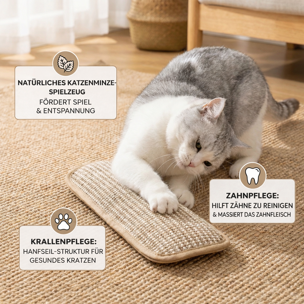 Detailaufnahme vom Hanfseil-Kratzpad mit Katzenminze, perfekt als Spielmatte für Krallen- & Zahnpflege.