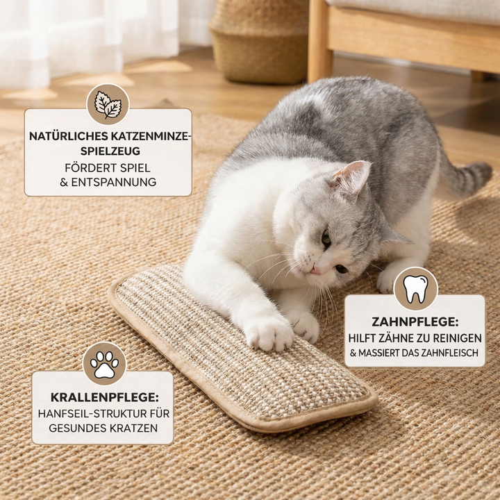 Detailaufnahme vom Hanfseil-Kratzpad mit Katzenminze, perfekt als Spielmatte für Krallen- & Zahnpflege.