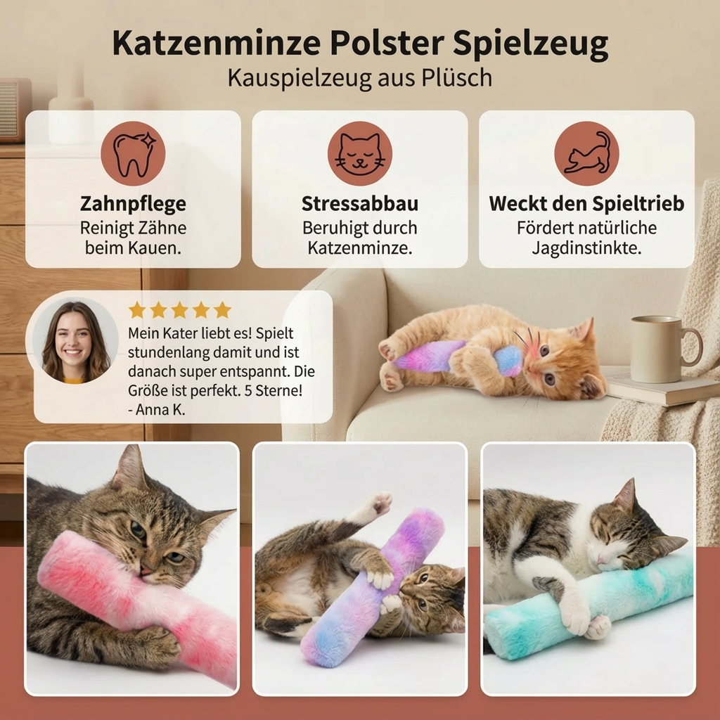 Weiches Katzenminze Spielkissen, robust & verspielt, perfekt für jede Katze, fördert Interaktion.