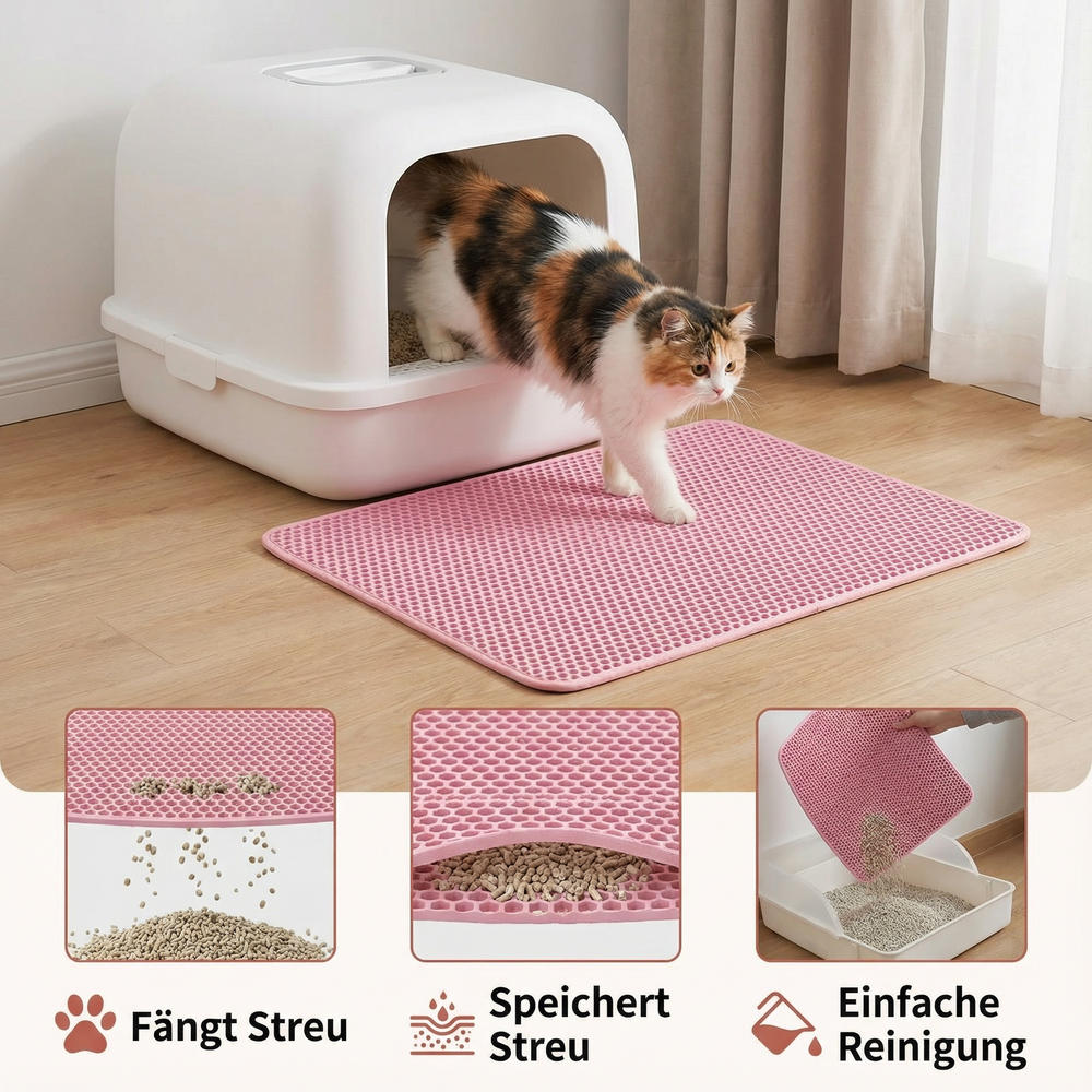 Robuste Streuauffangmatte mit weicher Oberfläche schont Katzenpfoten & hält den Bereich ums Katzenklo sauber.