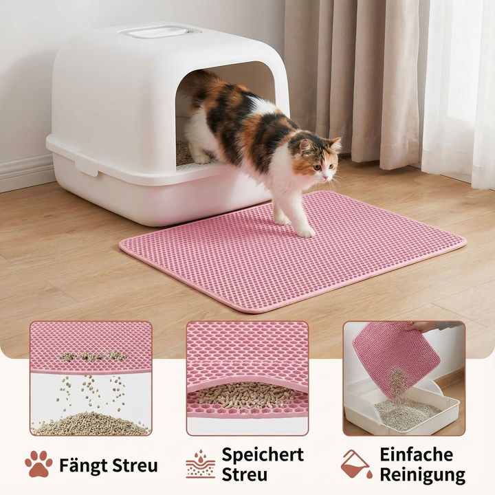 Robuste Streuauffangmatte mit weicher Oberfläche schont Katzenpfoten & hält den Bereich ums Katzenklo sauber.