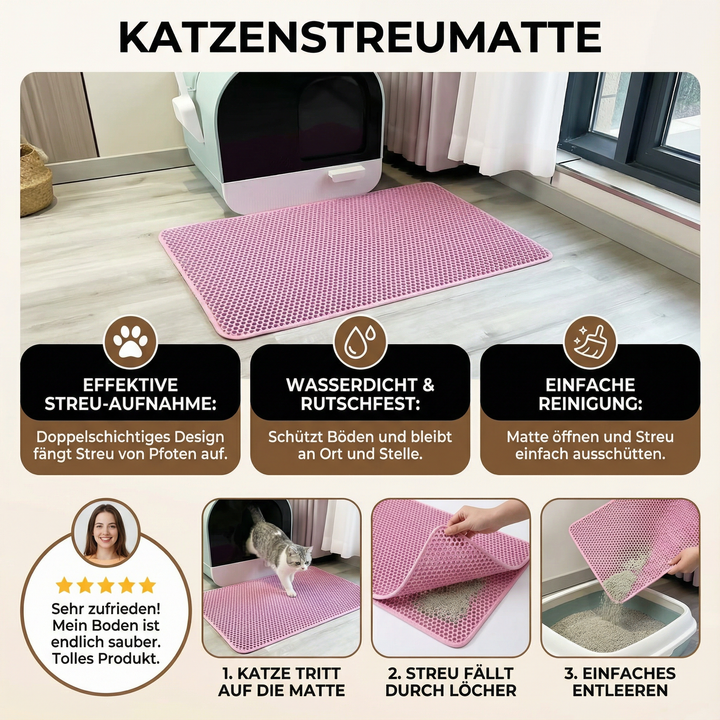 Effektive Katzenstreumatte neben dem Katzenklo, verhindert Streuverteilung im Haus für mehr Hygiene.