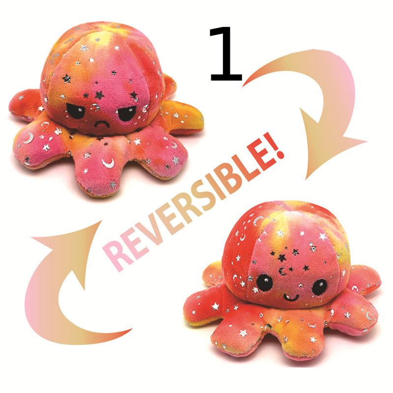 Kawaii Oktopus Plüschtier, reversibel, zeigt glückliche und traurige Stimmung.