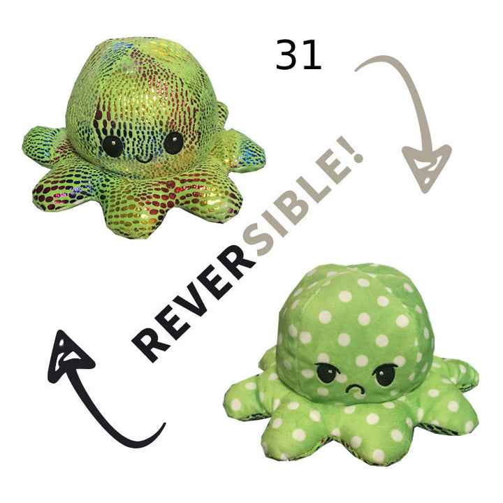 Kawaii Octopus Plüschtier, reversibel, zeigt Freude und Ernst.