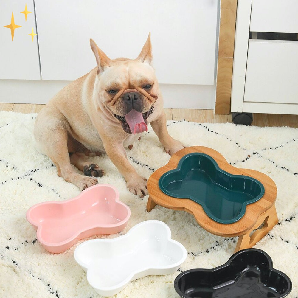 Keramischer Hundenapf auf stilvoller Holzunterlage BoneFeast für Futter & Wasser. Ergonomisch & pflegeleicht.
