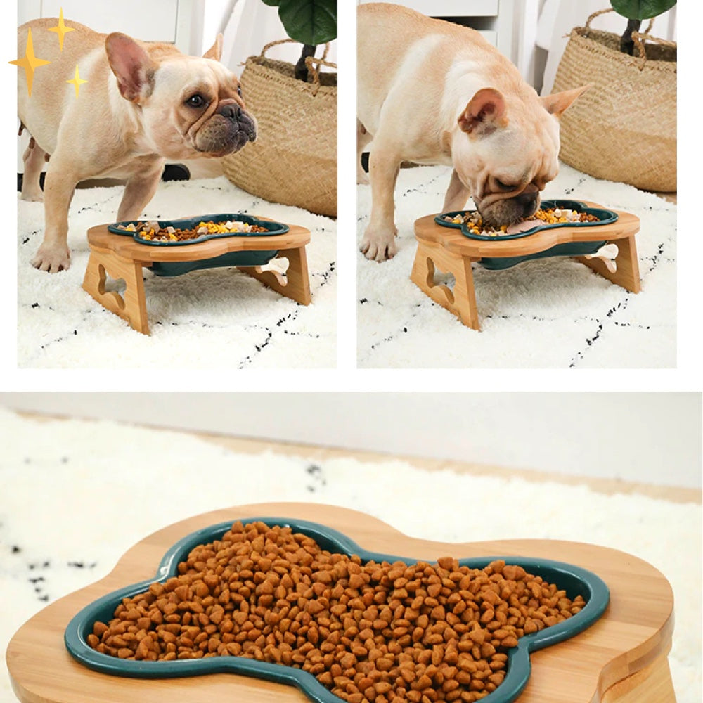 Hochwertiger Keramiknapf für Hunde, mit rutschfester Holzunterlage. Perfekt für Futter & Wasser.