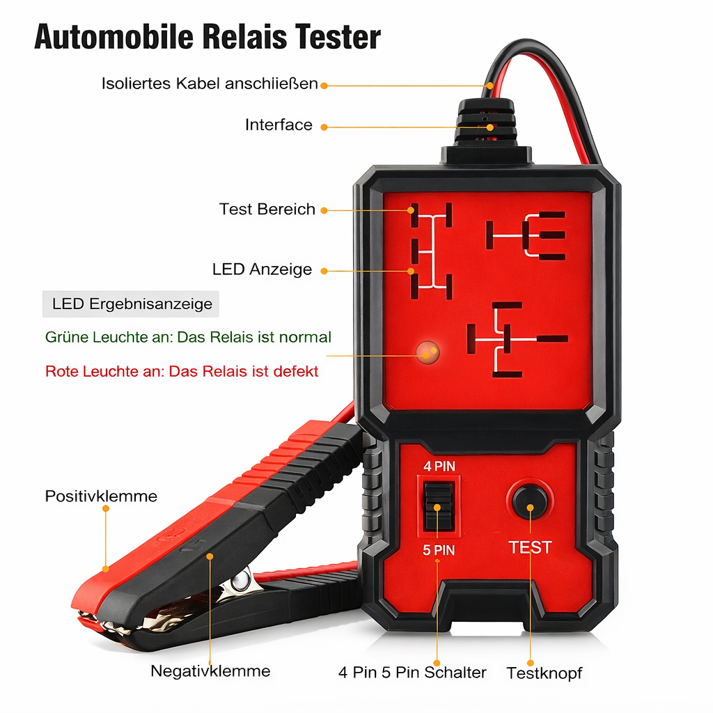 Nahaufnahme des Kfz-Relais-Testers mit Anschlüssen für Elektronikprüfung, 12V-Diagnose in Kfz-Werkstatt.